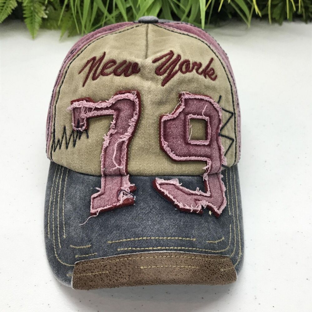 New York Hat Cap Strap Back Khaki Burgundy Distressed Patch 79 Applique Mens